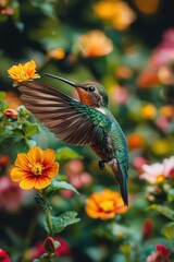 Fototapeta premium Hummingbird in Flight: Captivating Close-Up of Pollination in a Colorful Garden Scene