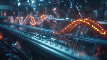 A mesmerizing abstract representation of electronic waves featuring bright orange lights against a dark background.