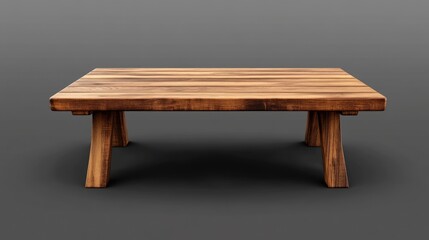 A rustic wooden coffee table with a simple design and sturdy legs, set against a dark gray background.