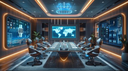 Futuristic conference room with digital screens and advanced technology in a high-tech environment