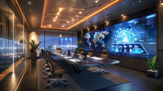 Futuristic conference room with digital world map display and modern technology