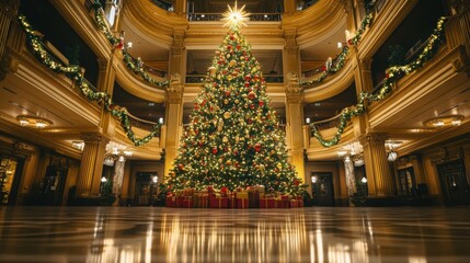 Obraz premium A large Christmas tree in the lobby of a grand theater, ready for a holiday performance.