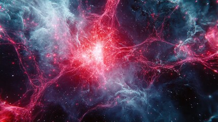 A stunning cosmic scene displaying vibrant red and blue nebulae against a dark backdrop, evoking the mystery of the universe.