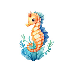 Obraz premium Seahorses are swimming among blue underwater plants in the ocean. Ideal for marine life, nature, or underwater themed designs. Generative AI