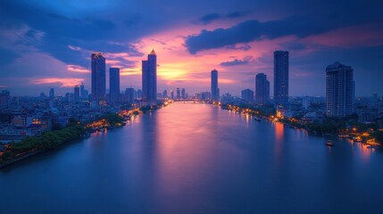 Fototapeta premium A panoramic view of a city skyline with a river flowing through it at sunset. The sky is a beautiful blend of pink and blue, with the sun setting behind the skyscrapers.