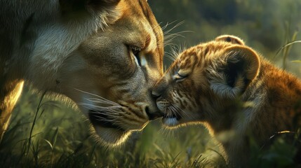 Close-up of a Lioness and her Cub Nuzzling in Grassy Sunlight