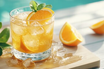 Fototapeta premium Refreshing Summer Cocktail with Orange Slice and Ice Cubes on Poolside Table, Perfect for Hot Weather, Enjoy a Delicious Drink by the Pool