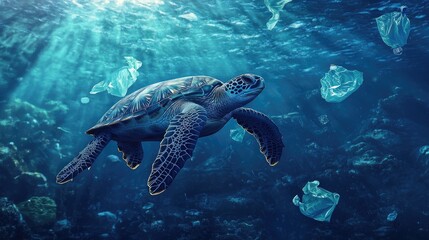 A serene green sea turtle gracefully swims through a vibrant underwater scene filled with plastic waste.
