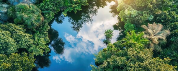 Fototapeta premium Aerial view of a lush botanical garden surrounded by water, the bright sky reflecting in ponds below