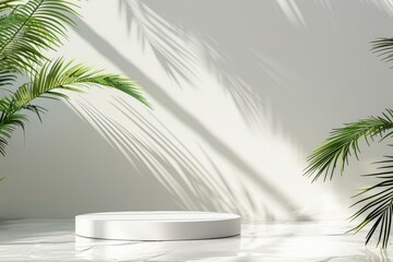 Modern podium with water and palm leaves, soft daylight, empty white wall, summer beach theme, minimal design, 3D rendering, clean and elegant