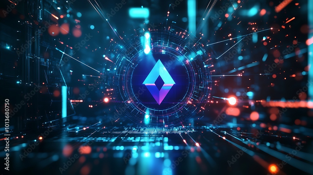 Poster abstract futuristic background with a glowing blue and pink diamond shape in the center.