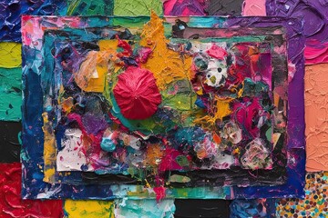 Fototapeta premium Vibrant Chaotic Surreal Mixed-Media Artwork Texture with Acrylic Paint and Layered Rectangular Compositions