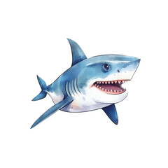 Smiling blue shark with white teeth, water splash background. Ideal for ocean themed designs, children's illustrations, and marine conservation materials. Generative AI