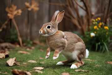 Obraz premium Wild Brown Rabbit Isolated on Whimsical Background, Playful and Curious Creature Hopping in Nature