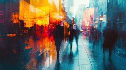 Blurry Cityscape with Silhouettes of People Walking on Wet Pavement
