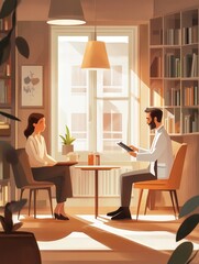 A doctor explains a diagnosis to a patient in a comfortably furnished consultation room filled with natural light. Generative AI