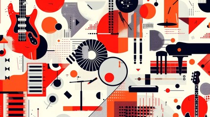 Obraz premium Abstract music-inspired illustration with guitars, piano, and vibrant geometric shapes