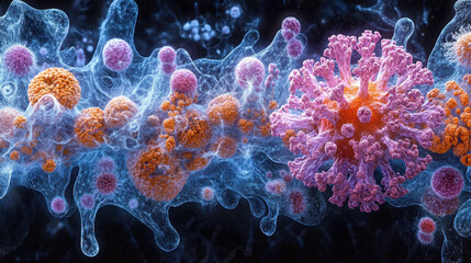 Colorful abstract depiction of microbial life forms, showcasing the intricate details and interactions of viruses and bacteria in a vibrant scientific context