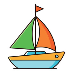 Colorful sailboat vector illustration with bold shapes, bright colors, and playful design.
Minimalist sailboat vector with orange body, green sails, and blue waves for children’s graphics.