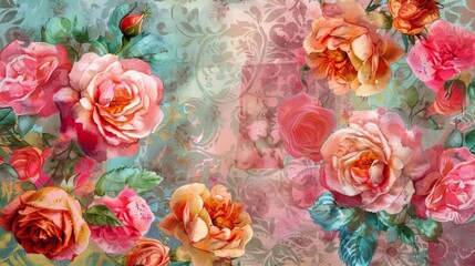 Shabby Chic Rose pattern, colorful watercolor flowers, craft paper, 3D effect, vintage charm, intricate details, romantic style