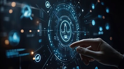 A close-up of a human hand interacting with a futuristic touchscreen interface displaying data and graphics.