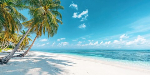 Tropical paradise with white sandy beach, crystal clear turquoise water and palm trees swaying in the gentle breeze.