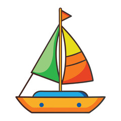 Colorful sailboat vector illustration with bold shapes, bright colors, and playful design.
Minimalist sailboat vector with orange body, green sails, and blue waves for children’s graphics.