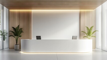 Modern, minimalistic reception desk featuring a sleek design with potted plants, creating a calm and inviting atmosphere.