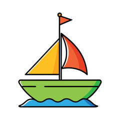 Colorful sailboat vector illustration with bold shapes, bright colors, and playful design.
Minimalist sailboat vector with orange body, green sails, and blue waves for children’s graphics.