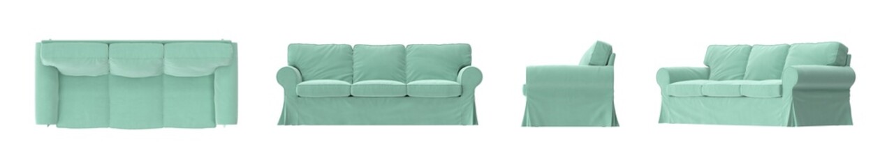 green Scandinavian comfortable sofa isolated in multiple view