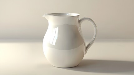 A smooth, glossy white ceramic pitcher elegantly displayed on a minimalist surface.