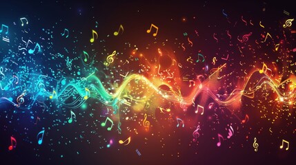 Colorful abstract music notes flowing in vibrant waves of light and energy