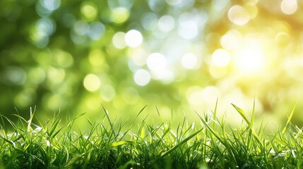 Obraz premium Close-up of vibrant green grass with soft sunlight filtering through foliage, creating a serene and peaceful atmosphere.