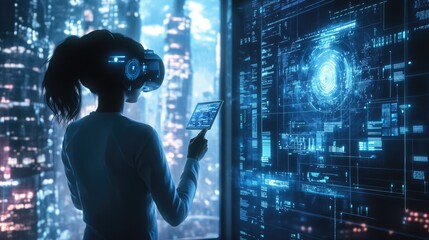 A young Black woman in virtual reality headset exploring futuristic digital interfaces in a neon-lit cityscape.