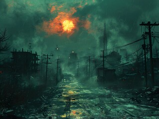 Apocalyptic Cityscape: A Ruined City Under a Gloomy Sunset