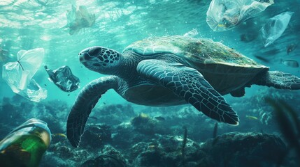 Fototapeta premium A majestic green sea turtle swimming amidst plastic waste in a vibrant underwater habitat.