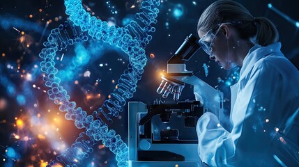 A female scientist studying DNA using a microscope in a high-tech lab, showcasing the fusion of biology and technology.