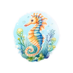 Fototapeta premium Seahorses are swimming among blue underwater plants in the ocean. Ideal for marine life, nature, or underwater themed designs. Generative AI
