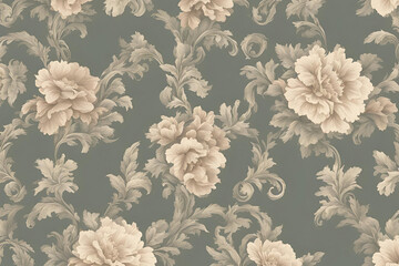 Faded Victorian-style wallpaper background with floral motifs in soft desaturated colors evoking antique elegance