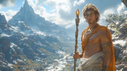 male earth genasi with a staff standing on a mountain path, gazing across a vast, serene valley