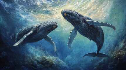 Fototapeta premium Two Humpback Whales Swimming Upwards in a Blue Ocean