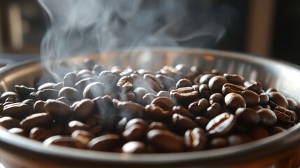 Freshly Roasted Coffee Beans with Steam
