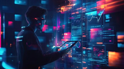 A young Asian male professional studies digital data on a tablet in a futuristic tech environment, illuminated by vibrant neon lights.