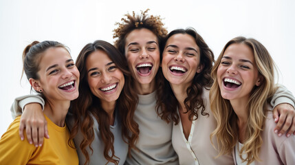 Obraz premium Five young females hug and laugh together, showing a strong friendship and happiness. With a light white background, Group of smiling young women hugging and enjoying a joyful an funny moment.