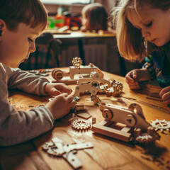 Children are engrossed in constructing intricate wooden models on a table, learning through play in a warm, inviting setting.