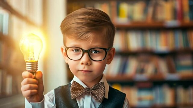 A smart little boy holding a lit lightbulb for concept of bright idea. Child genius holding illuminated bulb before books.