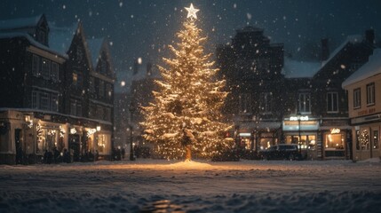 Fototapeta premium Christmas tree glowing in the middle of a town square during a snowstorm.