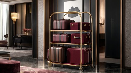 A stylish luggage cart filled with various suitcases in a luxurious hotel setting.