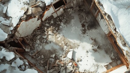 Obraz premium An aerial view of a snow-covered abandoned building, showcasing the wreckage and remnants of its former structure.