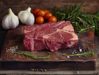 Raw beef steak or roast on wooden cutting board. Fresh herbs and vegetables surround meat. Basil, rosemary, garlic. Rustic kitchen or dining scene. Unique angle.